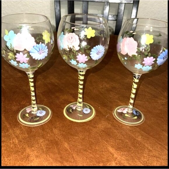 Set Of 3 Home Essentials Floral Painted Wine Glasses - Picture 3 of 8
